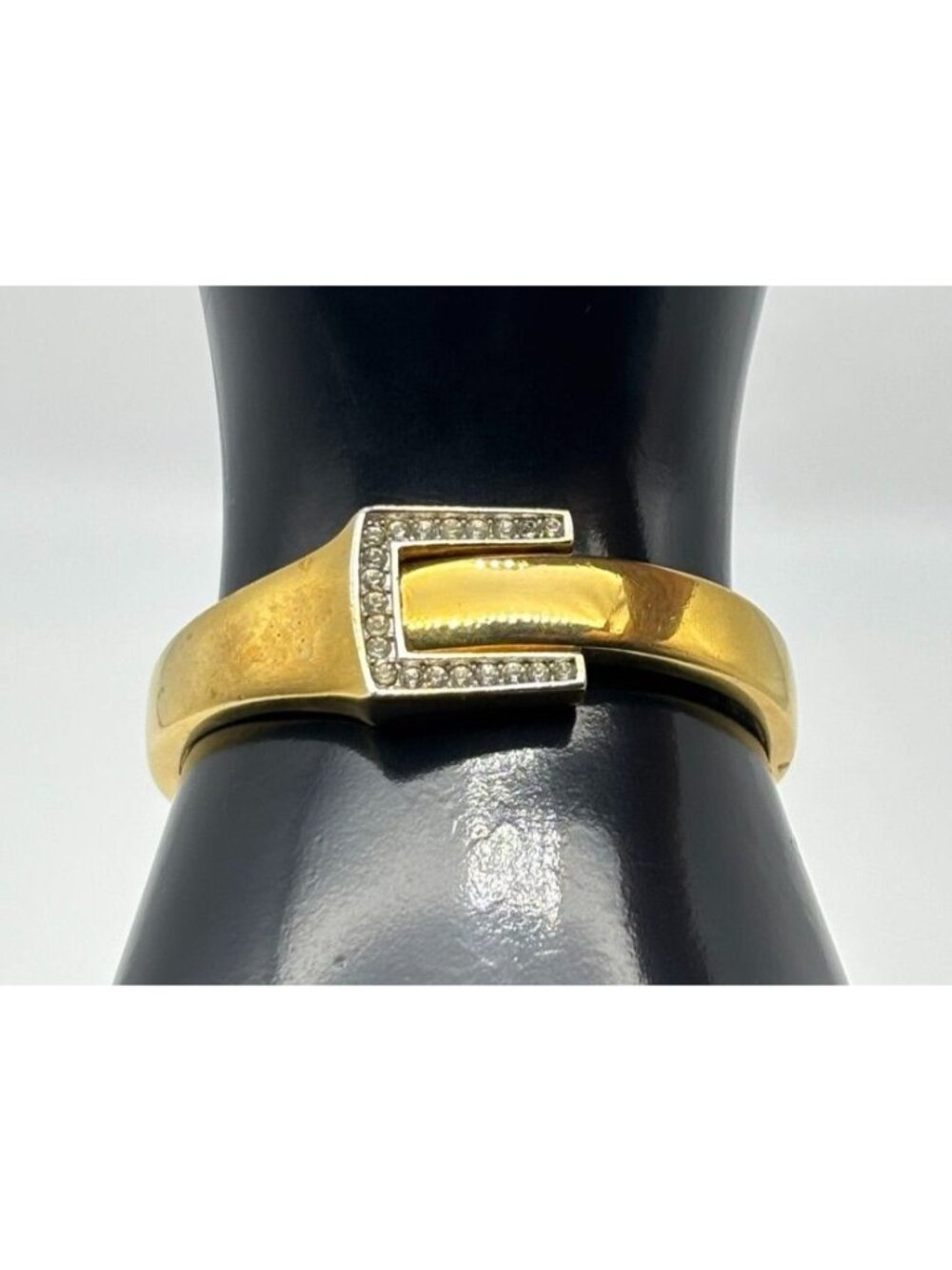 Vintage Equestrian Horseshoe Hinged Cuff Clamper Bracelet Gold Tone Rhinestones